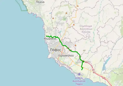 Route map Paphos Airport - Chlorakas, 17 km, approx. 21 min