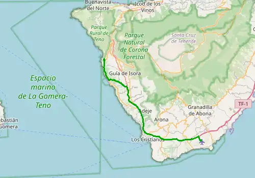Route map Tenerife South Airport - Los Gigantes, 43 km, approx. 39 min