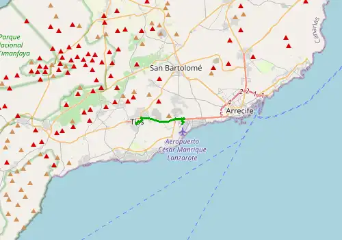 Route map Lanzarote Airport - Tias, Lanzarote, 6 km, approx. 8 min