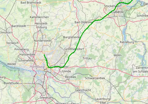 Route map Hamburg Airport - Travemunde, 88 km, approx. 75 min