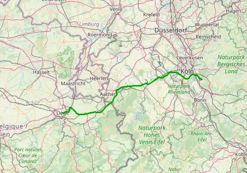 Route map Cologne Bonn Airport - Liege, 135 km, approx. 83 min