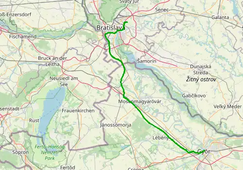 Route map Bratislava Airport - Gyor, 88 km, approx. 61 min
