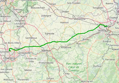 Route map Brussels South Charleroi Airport - Liege, 90 km, approx. 57 min