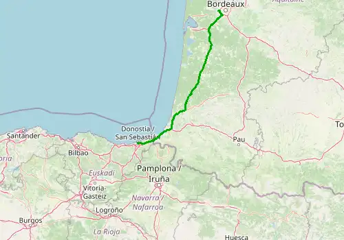 Route map Bordeaux Airport - San Sebastian, 237 km, approx. 137 min