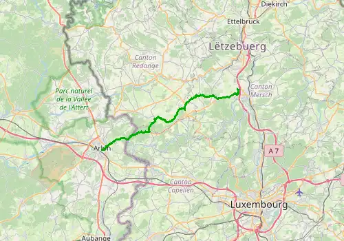 Route map Luxembourg Airport - Arlon, 27 km, approx. 29 min
