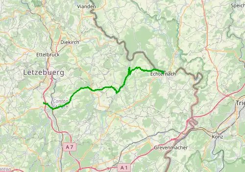 Route map Luxembourg Airport - Echternach, 35 km, approx. 39 min