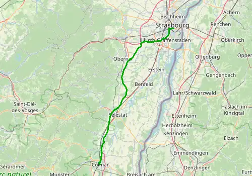 Route map Strasbourg Airport - Colmar, 74 km, approx. 55 min