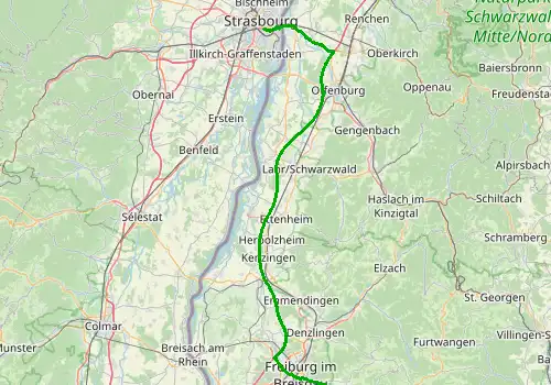 Route map Strasbourg Airport - Freiburg im Breisgau, 91 km, approx. 69 min