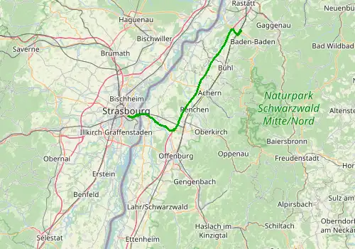 Route map Strasbourg Airport - Baden Baden, 54 km, approx. 44 min