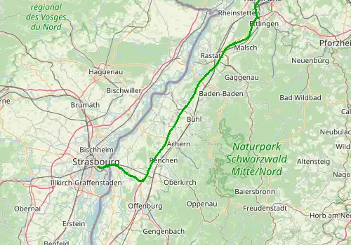 Route map Strasbourg Airport - Karlsruhe, 82 km, approx. 59 min