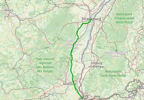 Route map Strasbourg Airport - Basel, 137 km, approx. 90 min