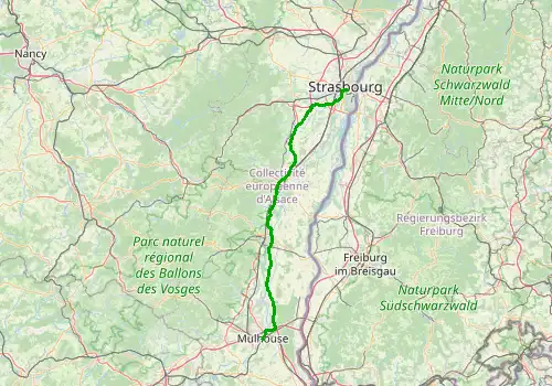 Route map Strasbourg Airport - Mulhouse, 115 km, approx. 77 min