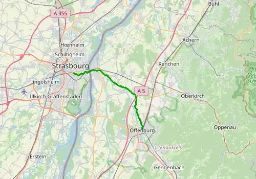 Route map Strasbourg Airport - Offenburg, 22 km, approx. 30 min