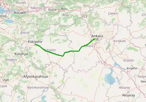 Route map Ankara Airport - Eskisehir, 230 km, approx. 159 min