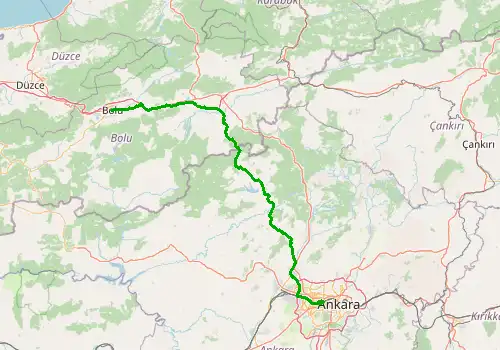 Route map Ankara Airport - Bolu, 184 km, approx. 115 min
