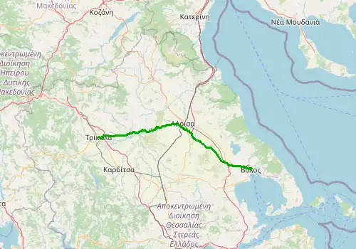 Route map Volos Airport - Trikala, 121 km, approx. 103 min
