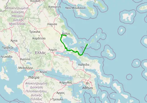 Route map Volos Airport - Skopelos, 203 km, approx. 656 min