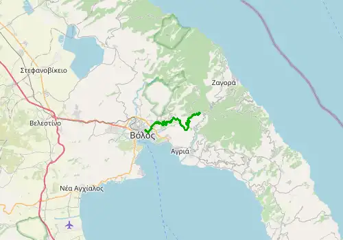 Route map Volos Airport - Mount Pelion, 23 km, approx. 33 min