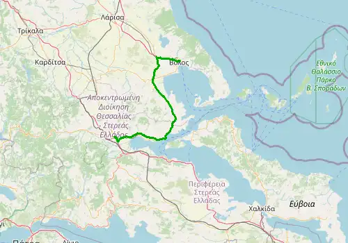Route map Volos Airport - Lamia, 125 km, approx. 87 min
