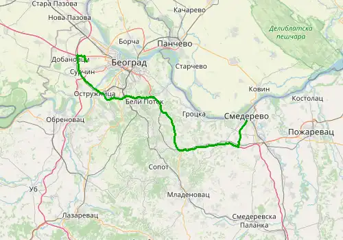 Route map Belgrade Airport - Smederevo, 88 km, approx. 65 min