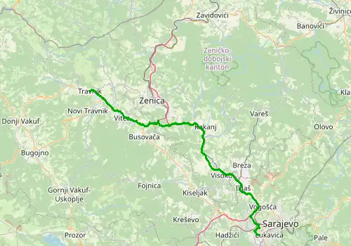 Route map Sarajevo Airport - Travnik, 94 km, approx. 90 min