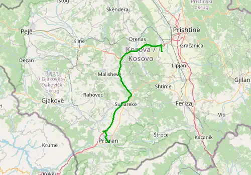 Route map Pristina Airport - Prizren, 71 km, approx. 58 min