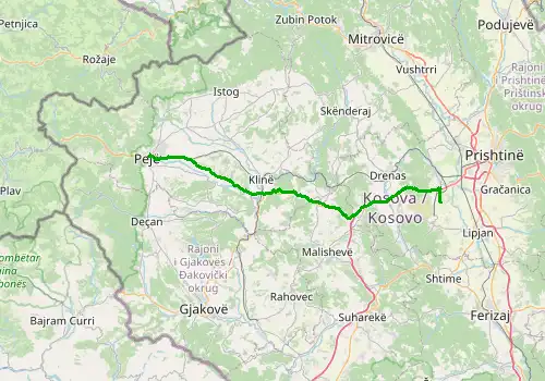 Route map Pristina Airport - Peja (Pec), 71 km, approx. 72 min