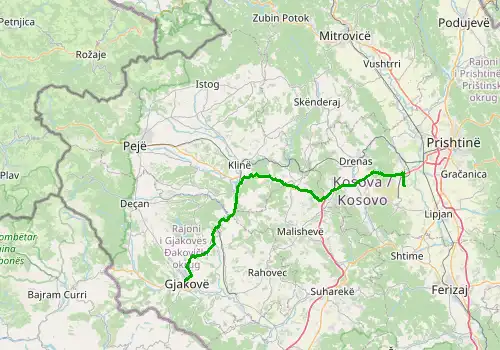 Route map Pristina Airport - Gjakova (Djakovica), 75 km, approx. 75 min