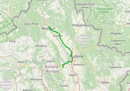 Route map Pristina Airport - Mitrovica, 55 km, approx. 60 min