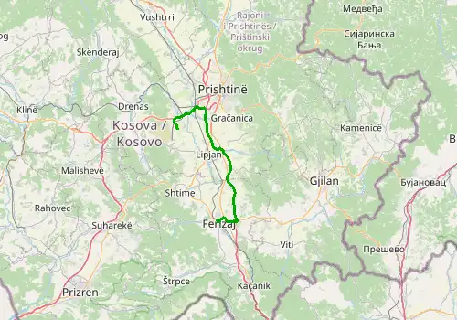 Route map Pristina Airport - Ferizaj (Urosevac), 50 km, approx. 41 min
