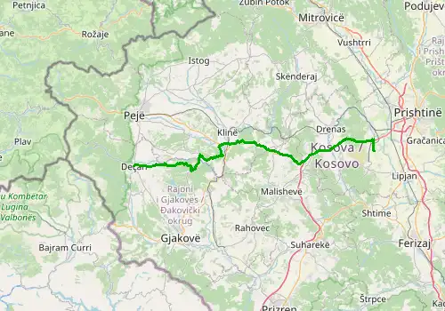 Route map Pristina Airport - Decan (Decani), 80 km, approx. 80 min
