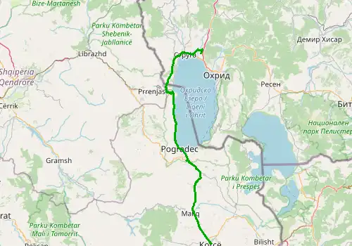 Route map Ohrid Airport - Korce, 86 km, approx. 128 min