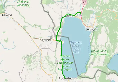 Route map Ohrid Airport - Pogradec, 48 km, approx. 73 min