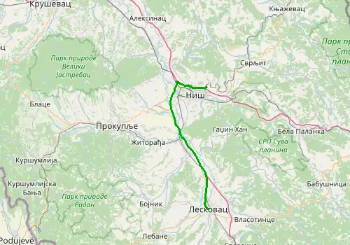 Route map Nis Airport - Leskovac, 56 km, approx. 40 min
