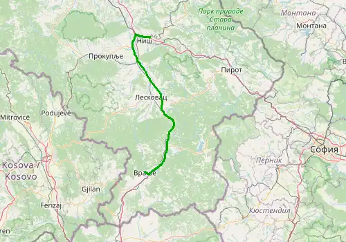 Route map Nis Airport - Vranje, 123 km, approx. 77 min