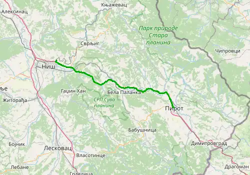 Route map Nis Airport - Pirot, 66 km, approx. 47 min