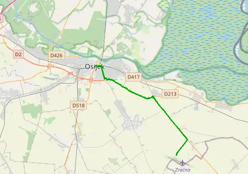 Route map Osijek Airport - Osijek, 16 km, approx. 19 min