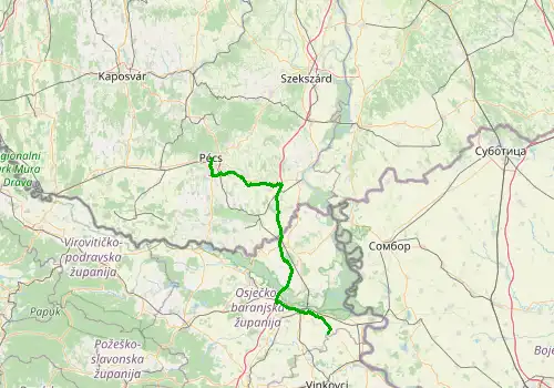 Route map Osijek Airport - Pecs, 116 km, approx. 88 min