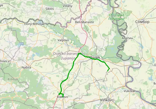 Route map Osijek Airport - Djakovo, 66 km, approx. 55 min