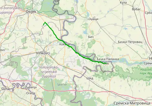 Route map Osijek Airport - Ilok, 58 km, approx. 74 min