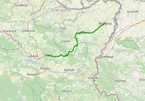 Route map Tuzla Airport - Bijeljina, 71 km, approx. 79 min