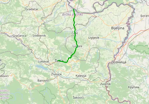 Route map Tuzla Airport - Brcko, 57 km, approx. 73 min