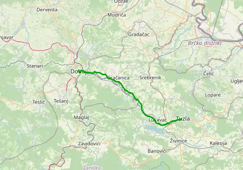 Route map Tuzla Airport - Doboj, 61 km, approx. 67 min