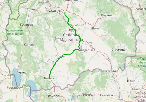 Route map Skopje Airport - Bitola, 155 km, approx. 164 min