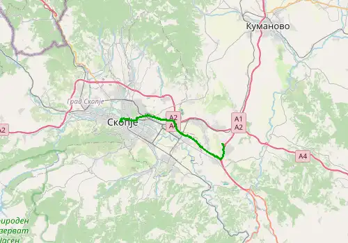 Route map Skopje Airport - Skopje, 23 km, approx. 28 min