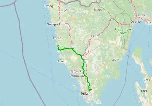 Route map Pula Airport - Funtana, near Porec, 52 km, approx. 48 min