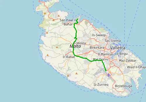 Route map Malta Airport - Qawra, 19 km, approx. 28 min
