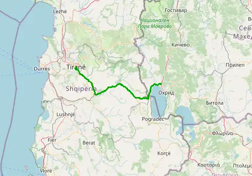 Route map Ohrid Airport - Tirana, 125 km, approx. 156 min