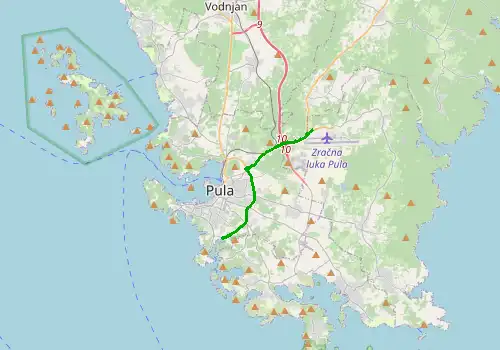 Route map Pula Airport - Marina Veruda, 9 km, approx. 16 min