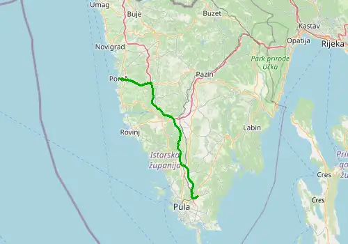 Route map Pula Airport - Porec, 56 km, approx. 48 min